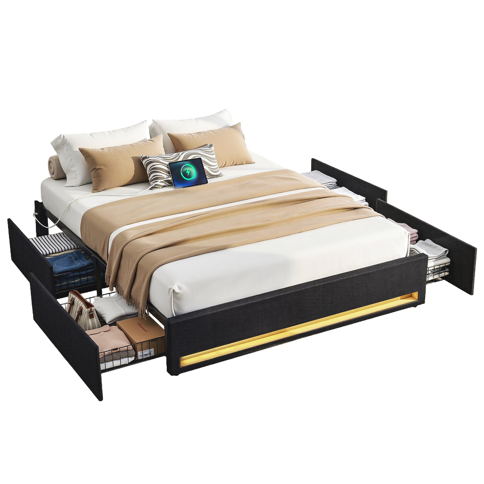 Artiss Double Bed Frame with Storage Drawers RGB Lights Charging Station Upholstered Fabric - Image 9