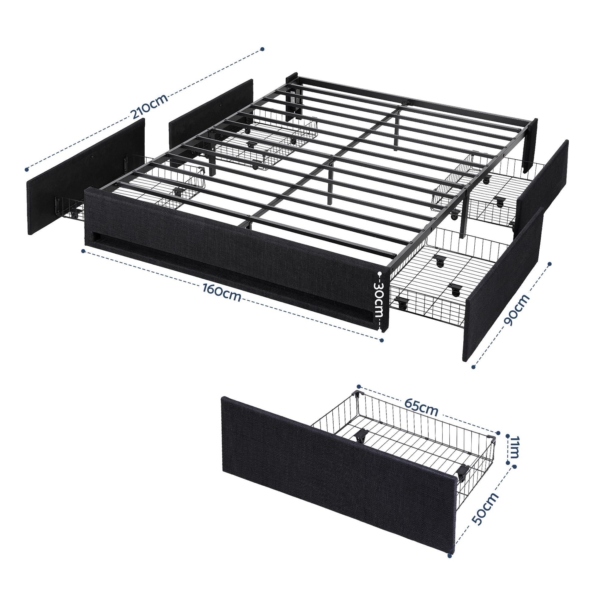 Artiss Queen Bed Frame with Storage Drawers RGB Lights Charging Station Upholstered Fabric - Image 2
