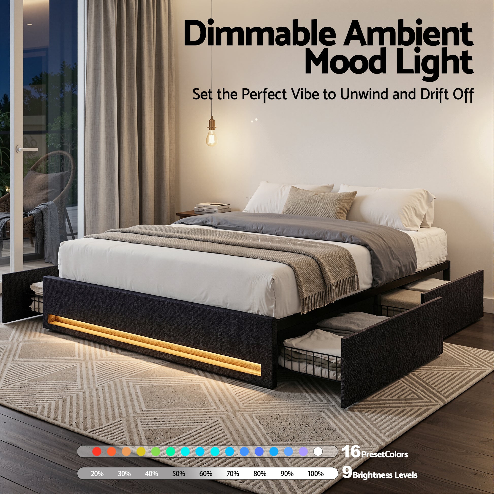 Artiss Queen Bed Frame with Storage Drawers RGB Lights Charging Station Upholstered Fabric - Image 5