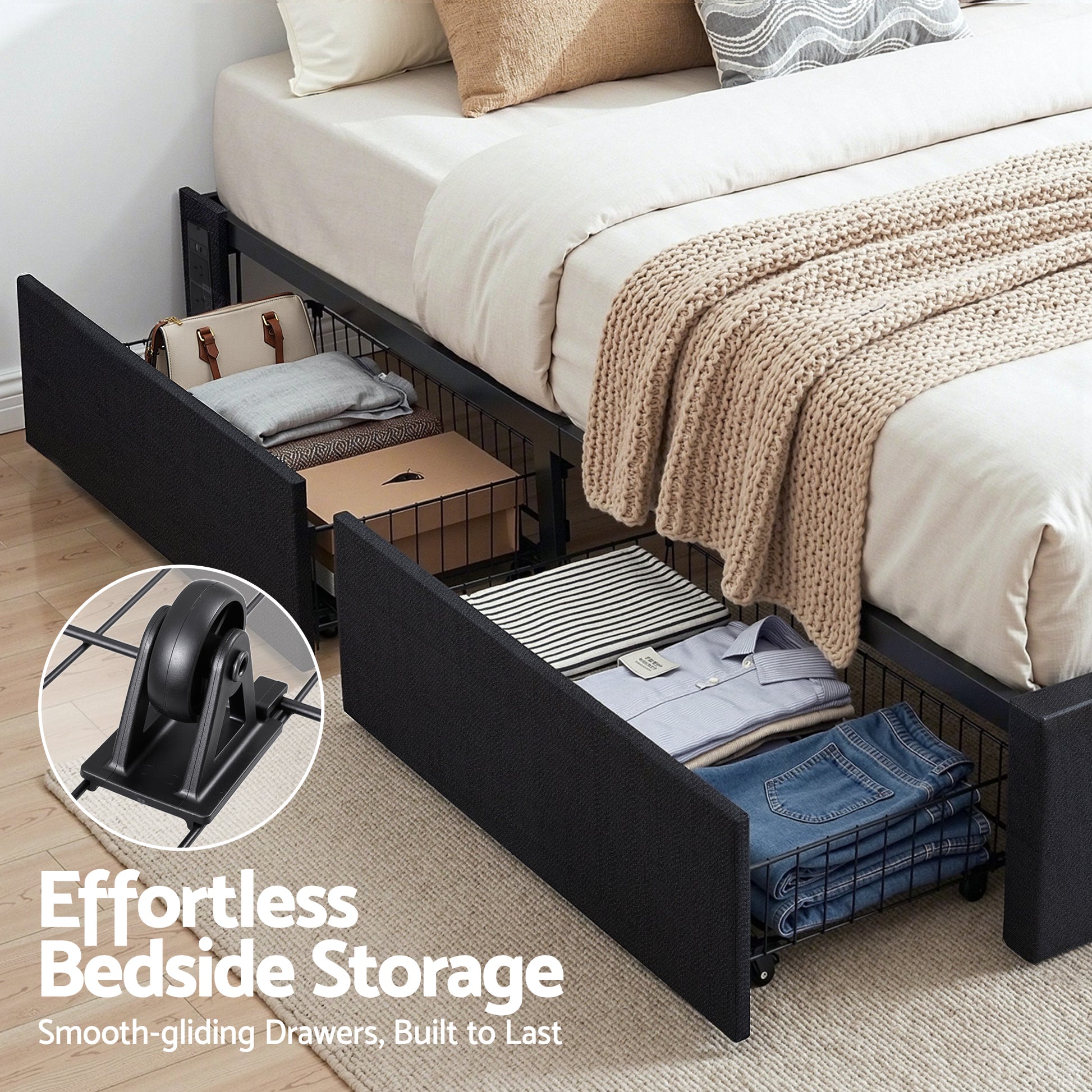Artiss Queen Bed Frame with Storage Drawers RGB Lights Charging Station Upholstered Fabric - Image 6