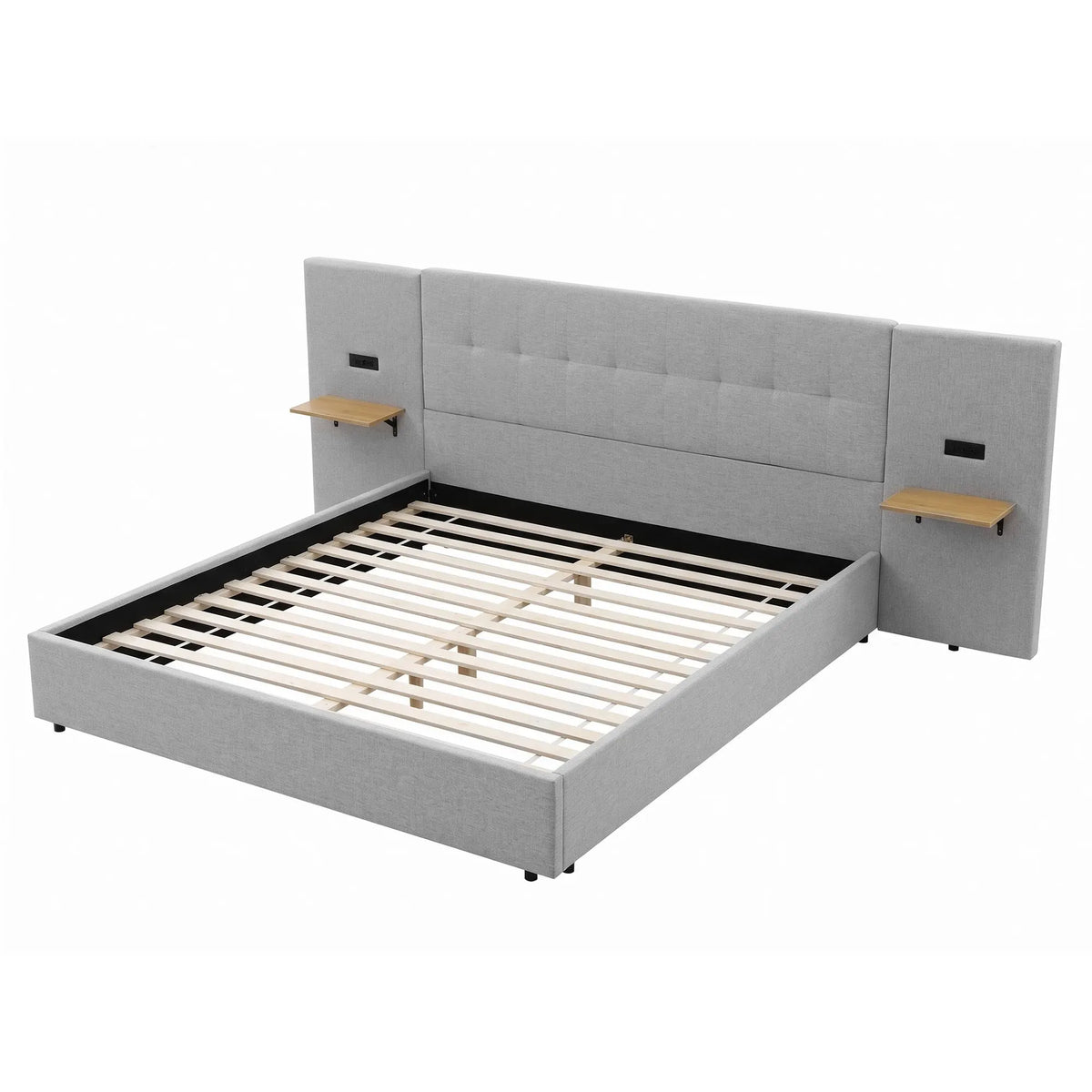 Artiss King Bed Frame with Wide Headboard, Floating Shelves and USB Grey - Image 2