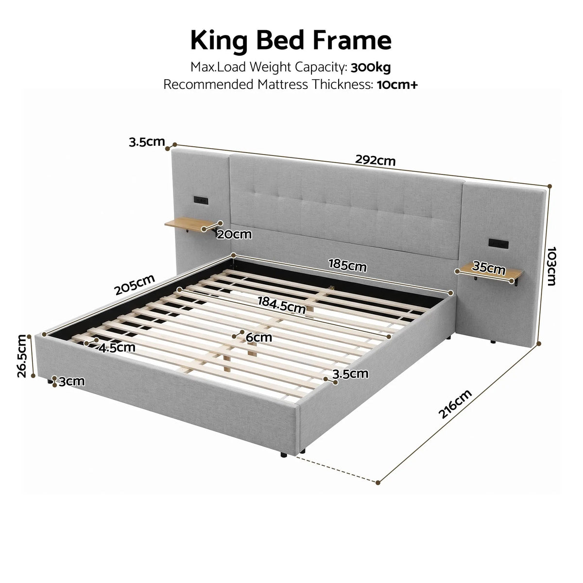 Artiss King Bed Frame with Wide Headboard, Floating Shelves and USB Grey - Image 3