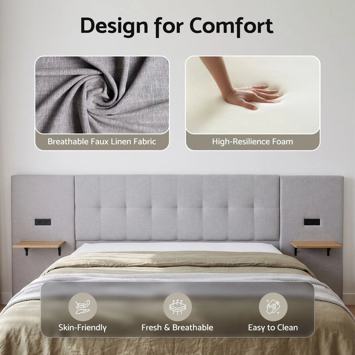 Artiss King Bed Frame with Wide Headboard, Floating Shelves and USB Grey - Image 5