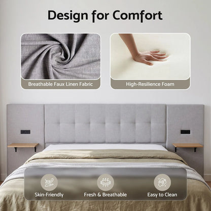 Artiss King Bed Frame with Wide Headboard, Floating Shelves and USB Grey - Image 5