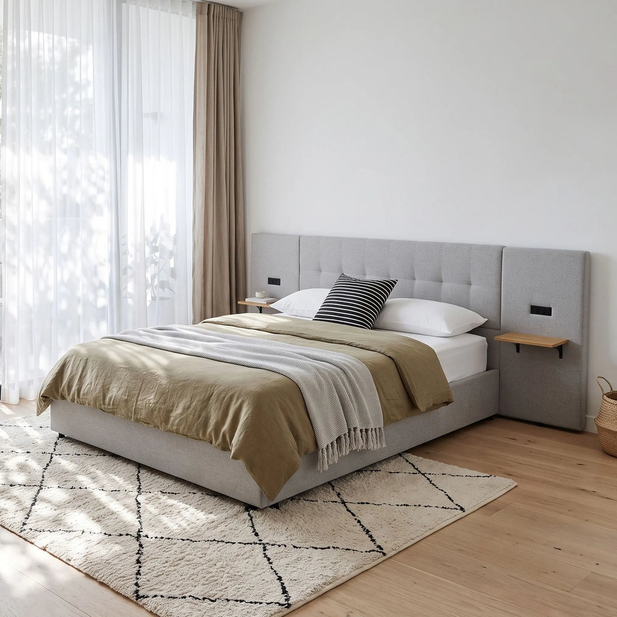 Artiss King Bed Frame with Wide Headboard, Floating Shelves and USB Grey - Image 9