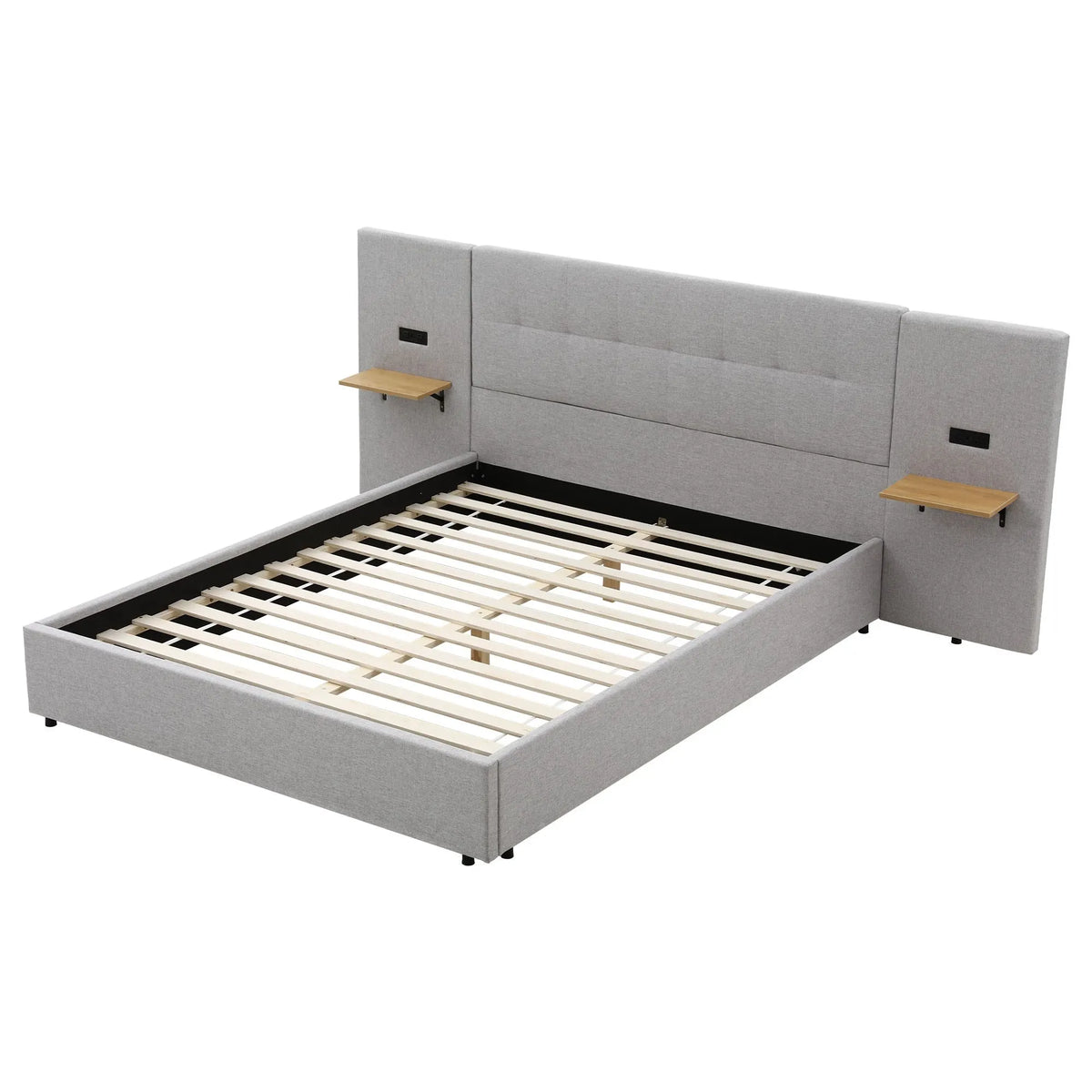 Artiss Queen Bed Frame with Wide Headboard, Floating Shelves and USB Grey - Image 2