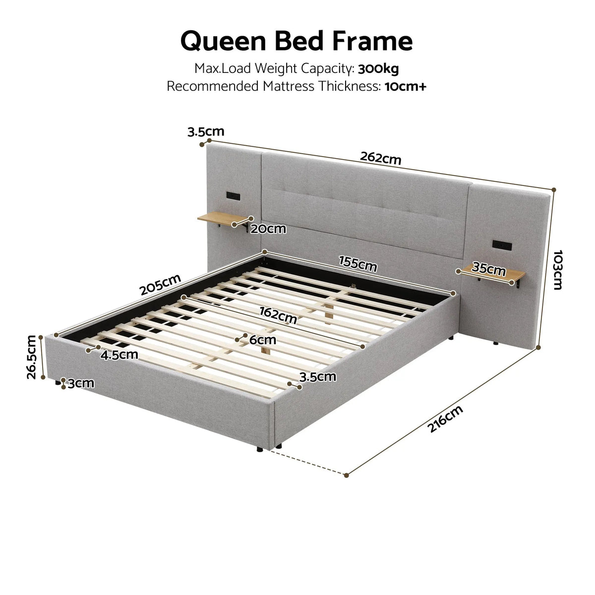Artiss Queen Bed Frame with Wide Headboard, Floating Shelves and USB Grey - Image 3