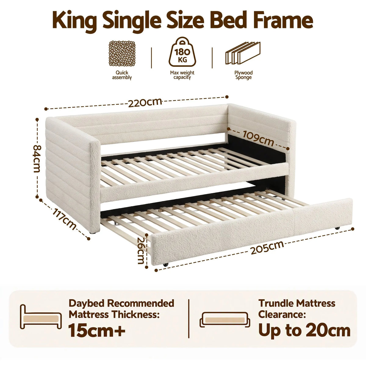 Artiss King Single Daybed with Trundle, Boucle Upholstered Bed Frame Guest Bed - Image 3