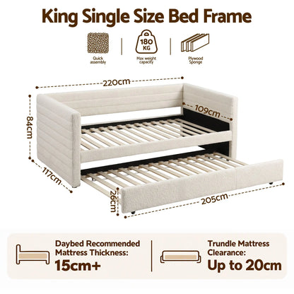Artiss King Single Daybed with Trundle, Boucle Upholstered Bed Frame Guest Bed - Image 3