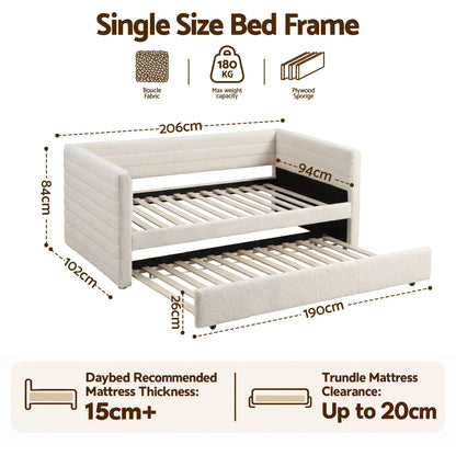 Artiss Single Daybed with Trundle, Boucle Upholstered Bed Frame Guest Bed - Image 3