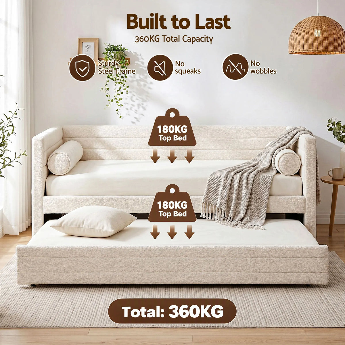 Artiss Single Daybed with Trundle, Boucle Upholstered Bed Frame Guest Bed - Image 6