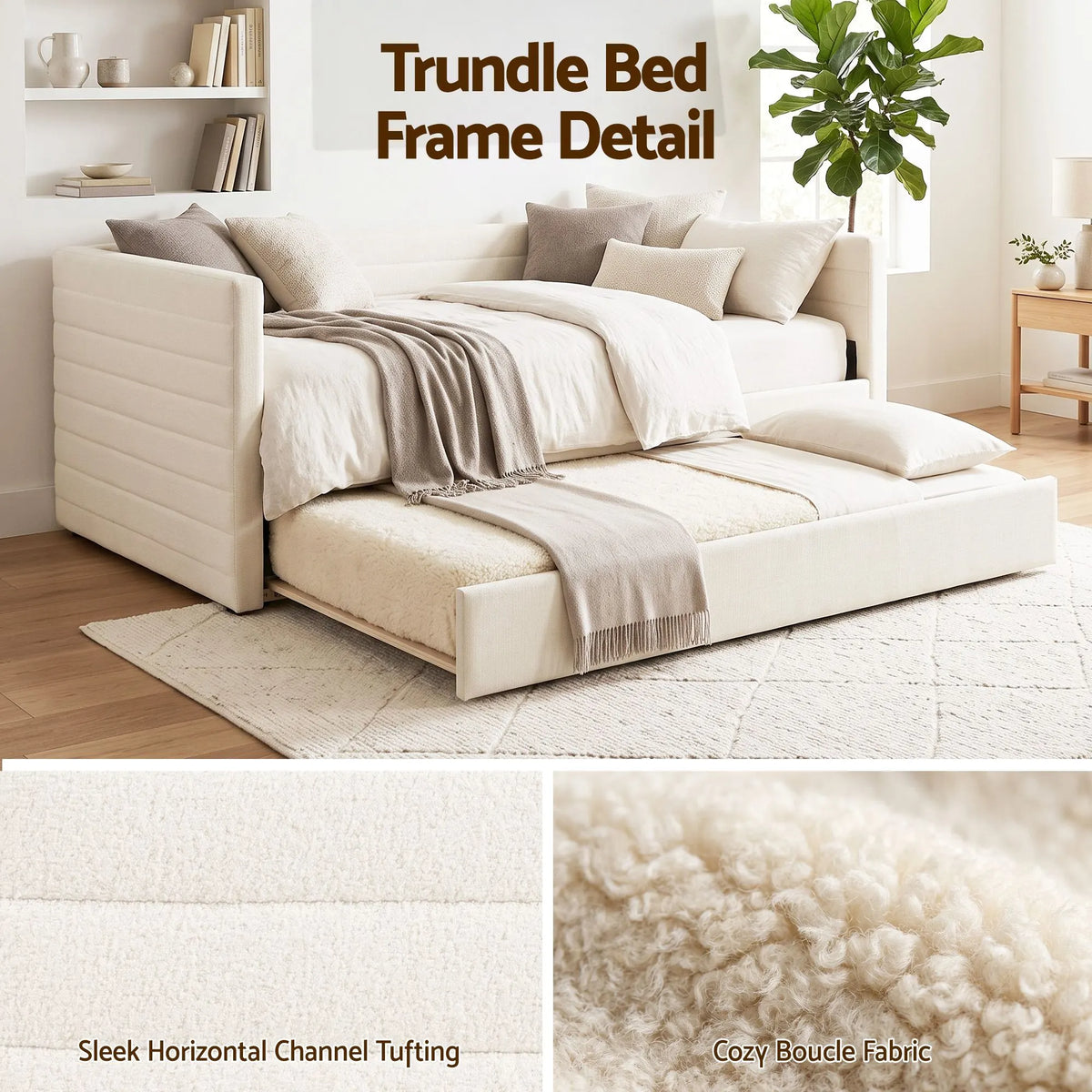 Artiss Single Daybed with Trundle, Boucle Upholstered Bed Frame Guest Bed - Image 7