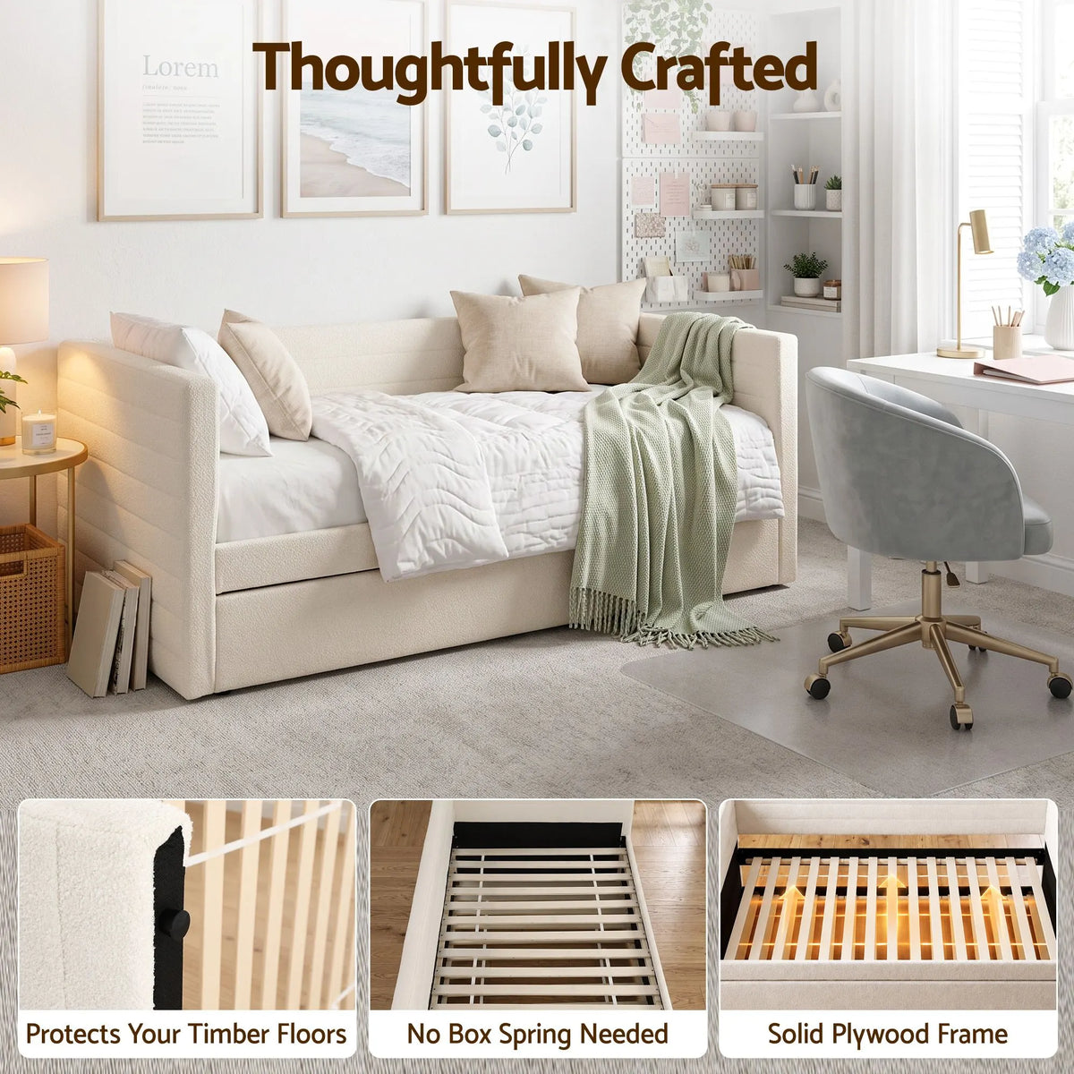 Artiss Single Daybed with Trundle, Boucle Upholstered Bed Frame Guest Bed - Image 8