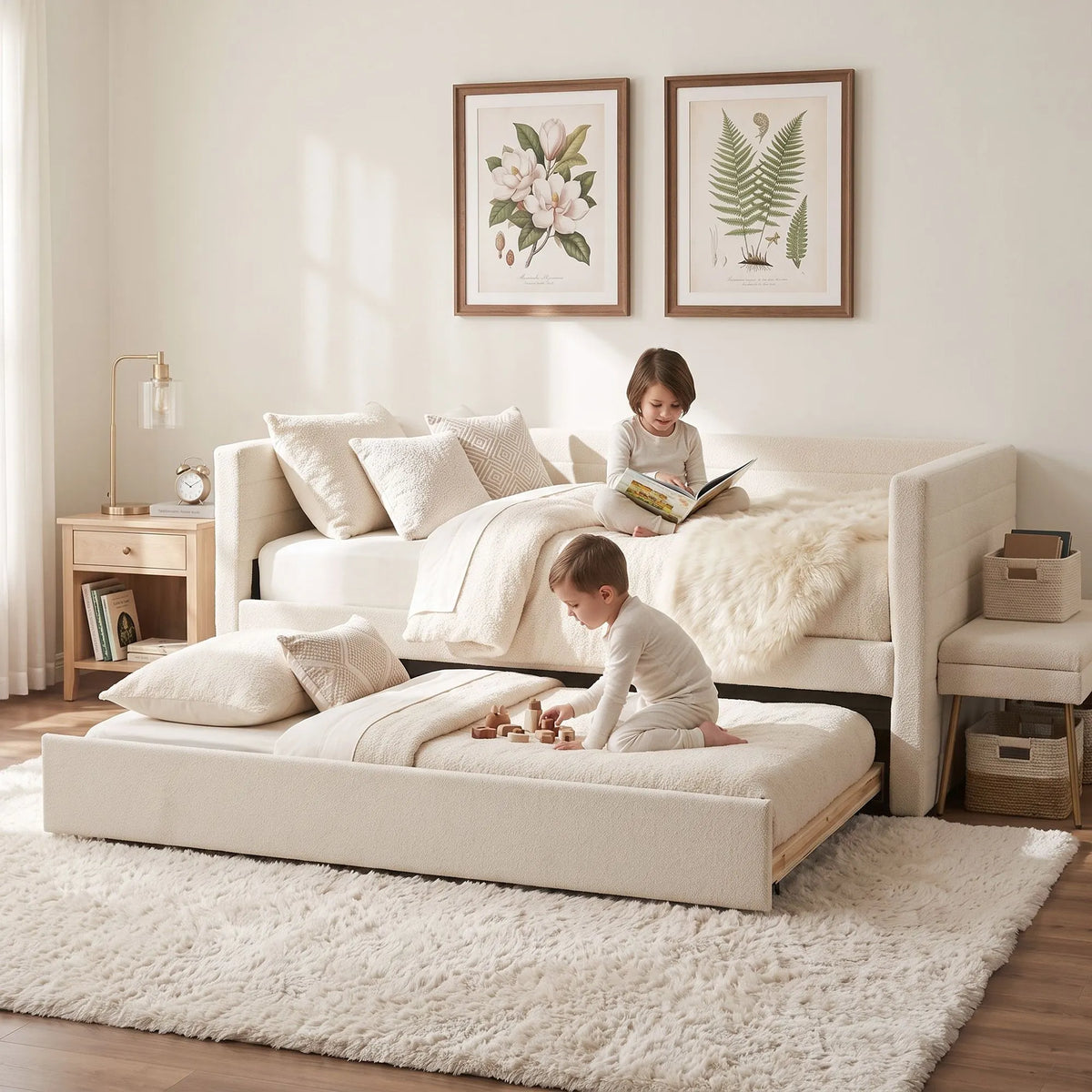 Artiss Single Daybed with Trundle, Boucle Upholstered Bed Frame Guest Bed - Image 9