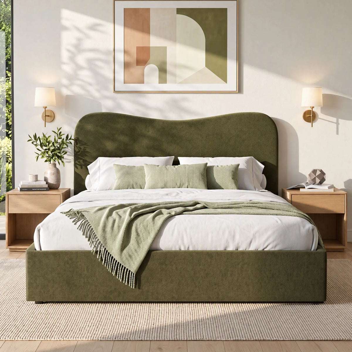 Artiss Double Bed Frame with Storage Drawer, Chenille Curved Headboard