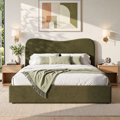 Artiss Double Bed Frame with Storage Drawer, Chenille Curved Headboard