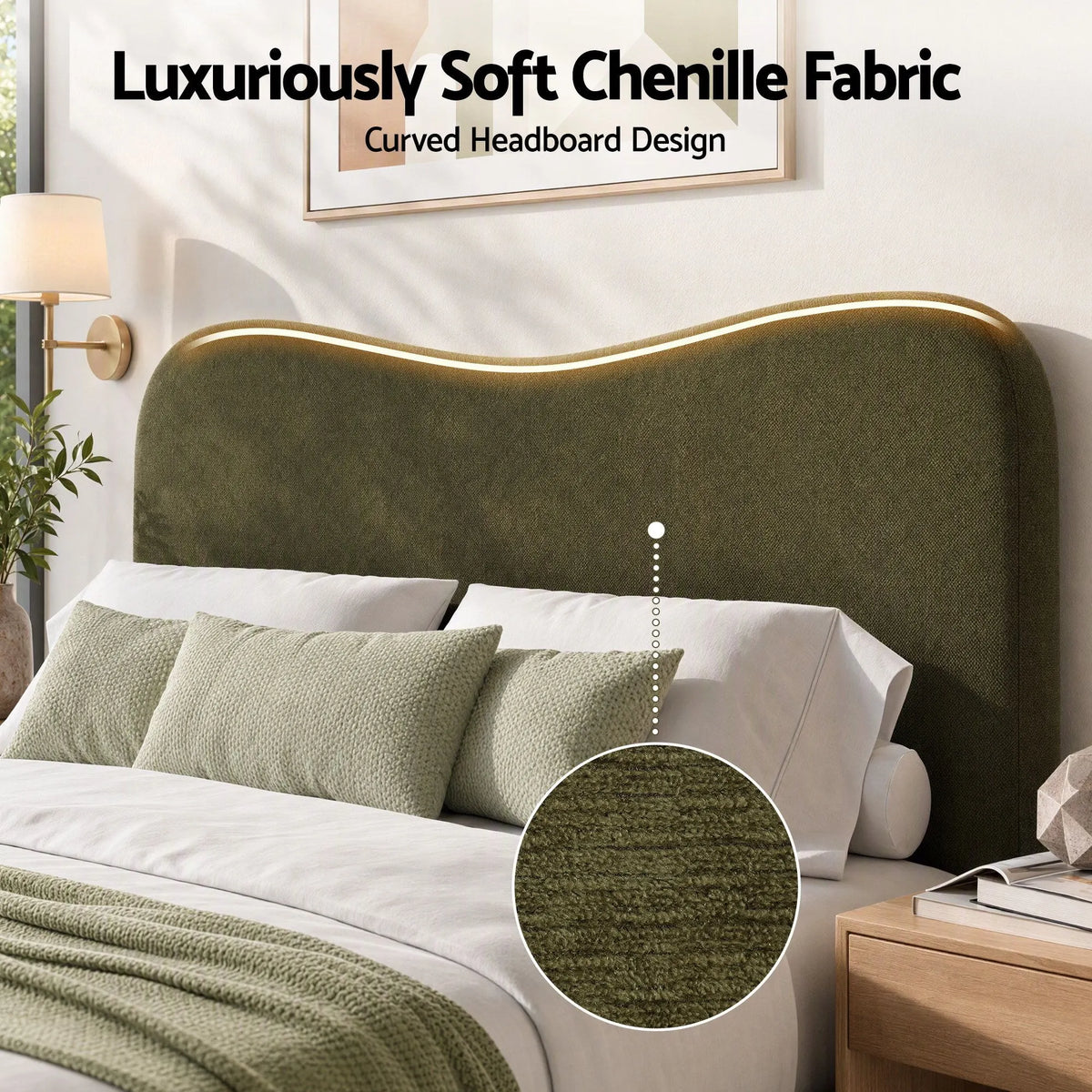 Artiss Double Bed Frame with Storage Drawer, Chenille Curved Headboard - Image 5