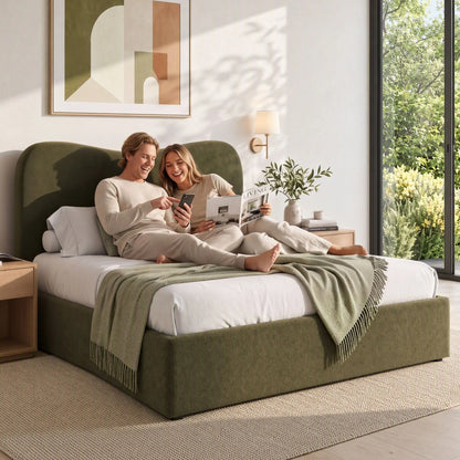 Artiss Double Bed Frame with Storage Drawer, Chenille Curved Headboard - Image 9