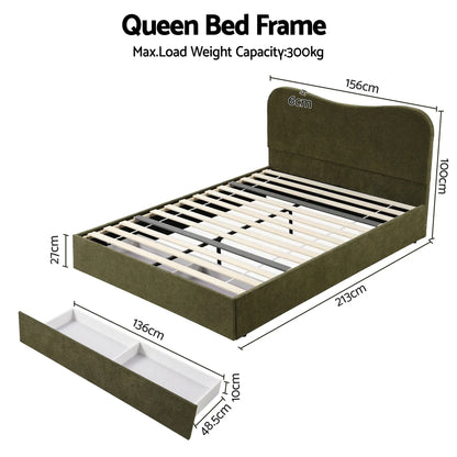 Artiss Queen Bed Frame with Storage Drawer, Chenille Curved Headboard - Image 3