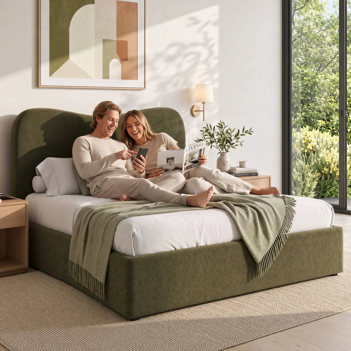 Artiss Queen Bed Frame with Storage Drawer, Chenille Curved Headboard - Image 9