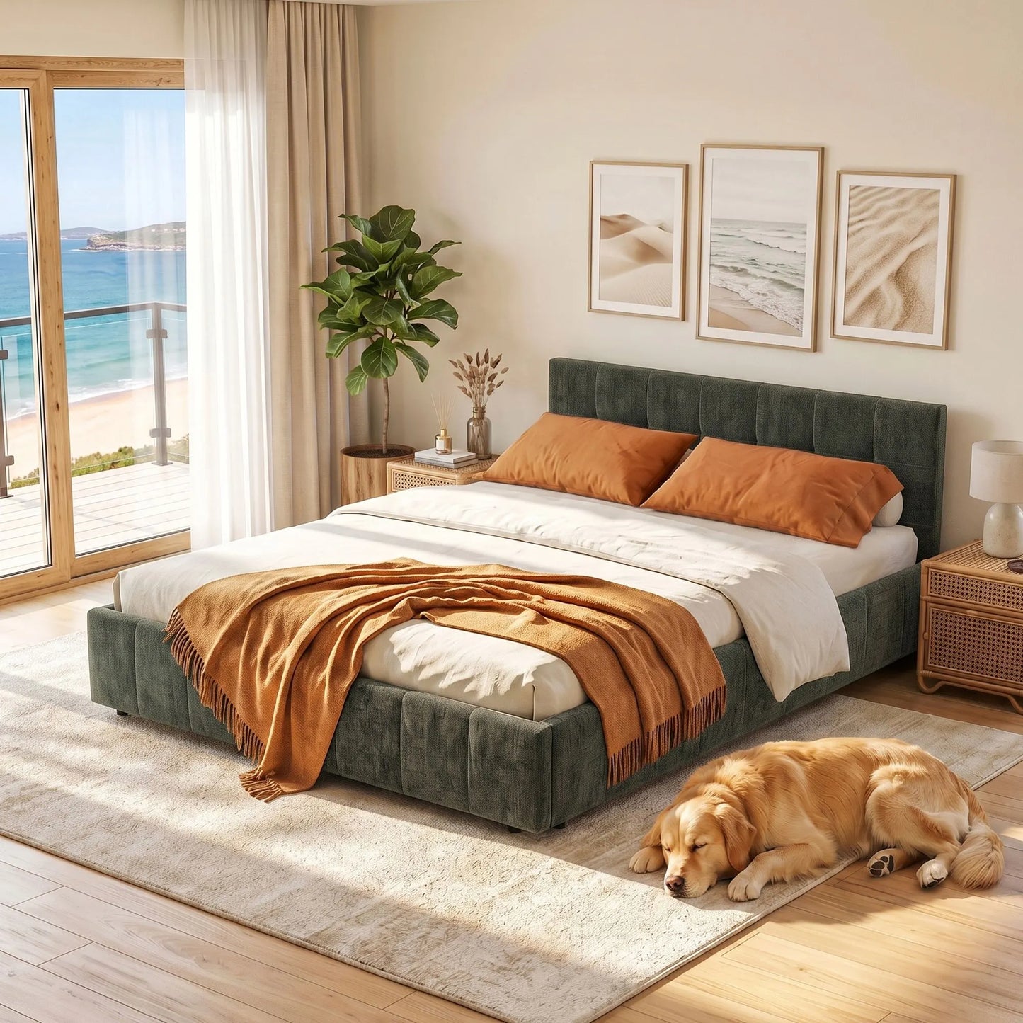 Artiss Double Bed Frame Chenille Heavy Duty Platform Base Green 300kg Support No Box Spring Needed