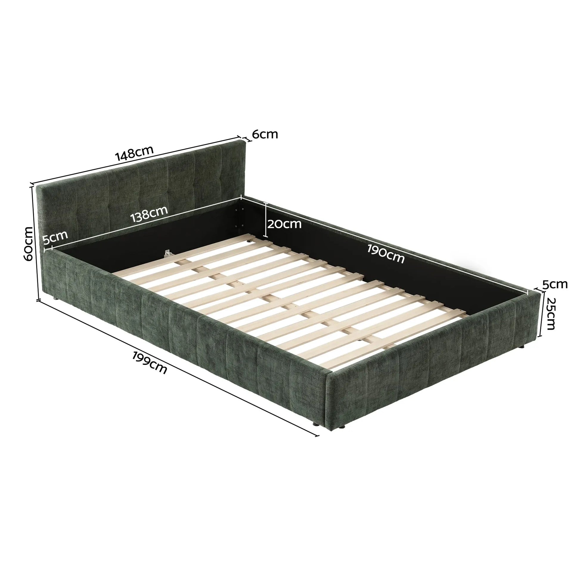 Artiss Double Bed Frame Chenille Heavy Duty Platform Base Green 300kg Support No Box Spring Needed - Image 2