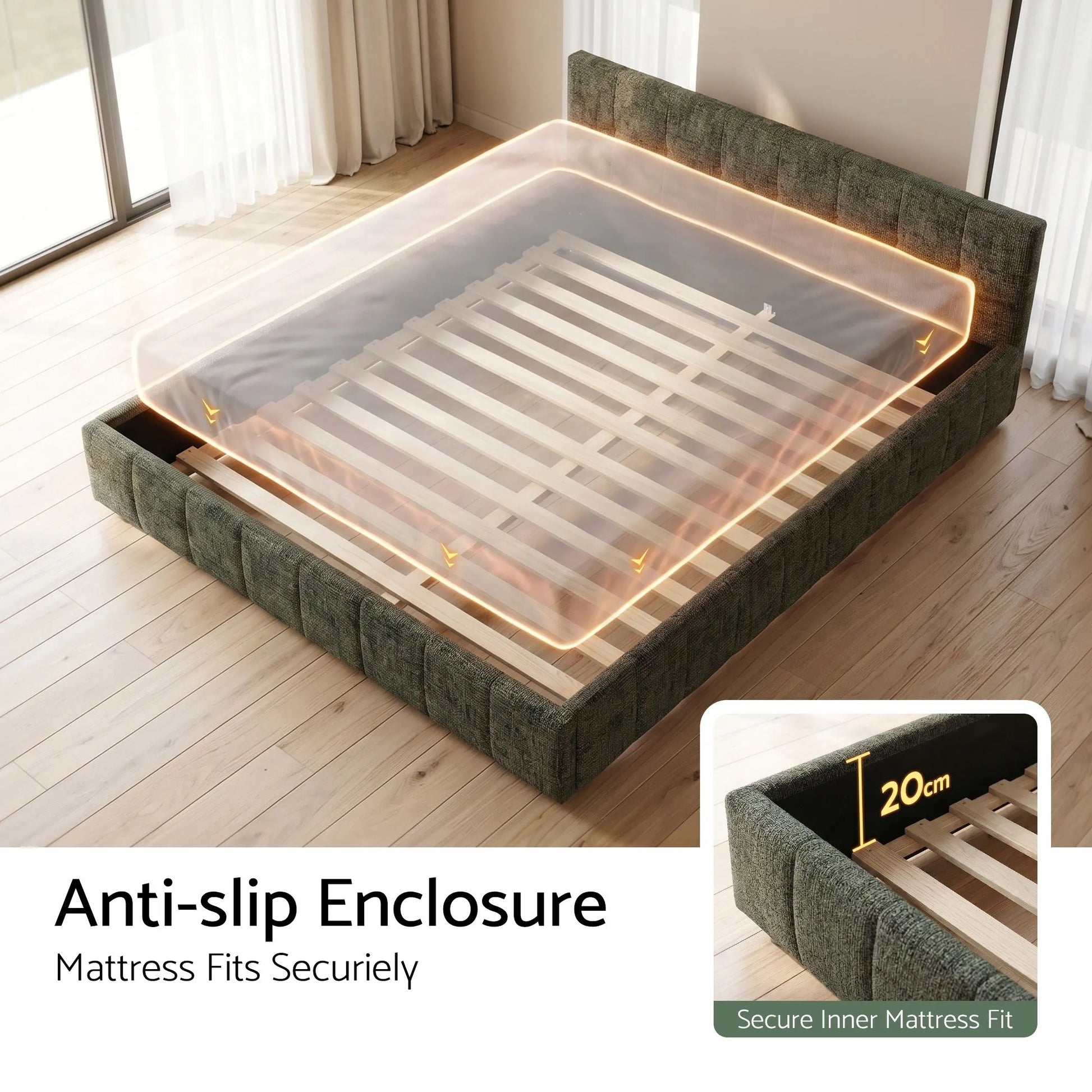 Artiss Double Bed Frame Chenille Heavy Duty Platform Base Green 300kg Support No Box Spring Needed - Image 5