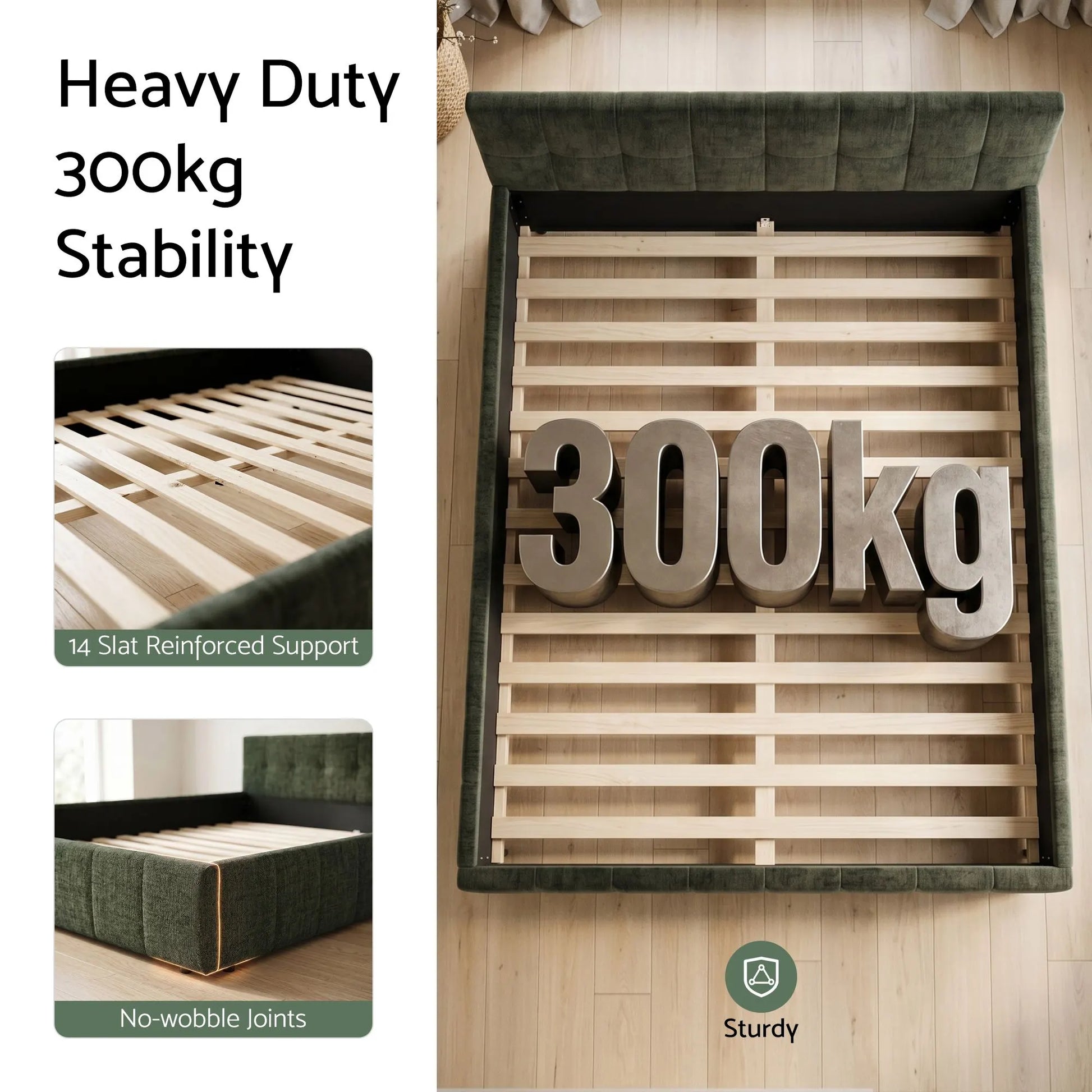 Artiss King Bed Frame Chenille Heavy Duty Platform Base Green 300kg Support No Box Spring Needed - Image 4