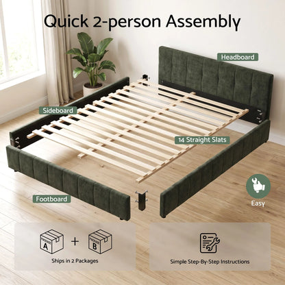 Artiss Queen Bed Frame Chenille Heavy Duty Platform Base Green 300kg Support No Box Spring Needed - Image 3