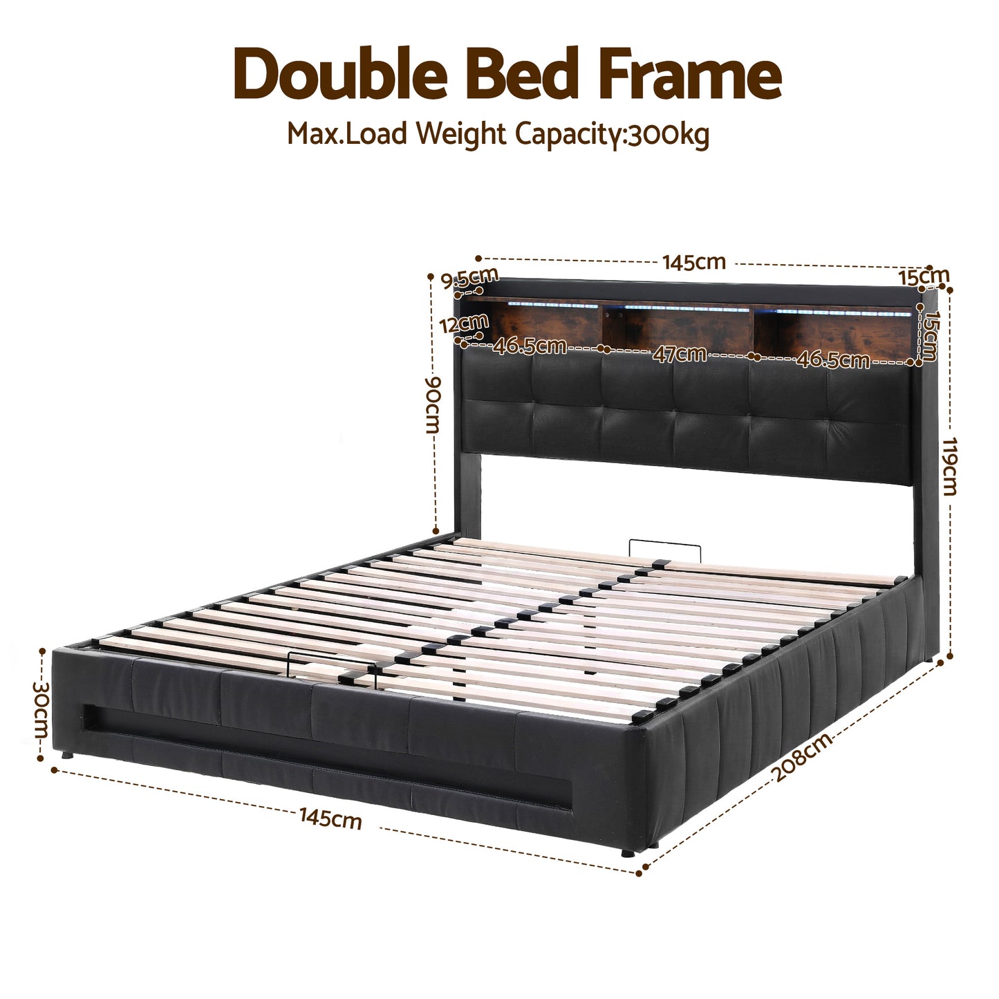 Artiss Double Bed Frame with Gas Lift Storage LED Lights Charging Station Headboard with Open Shelf - Image 2
