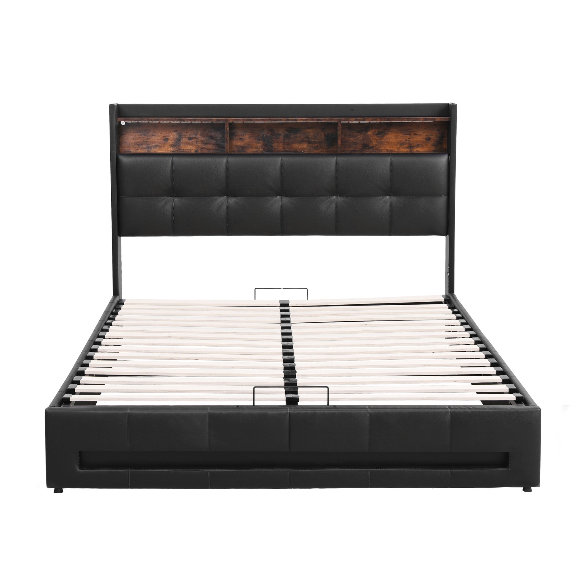 Artiss Double Bed Frame with Gas Lift Storage LED Lights Charging Station Headboard with Open Shelf - Image 3