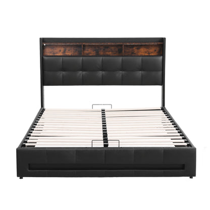 Artiss Double Bed Frame with Gas Lift Storage LED Lights Charging Station Headboard with Open Shelf - Image 3