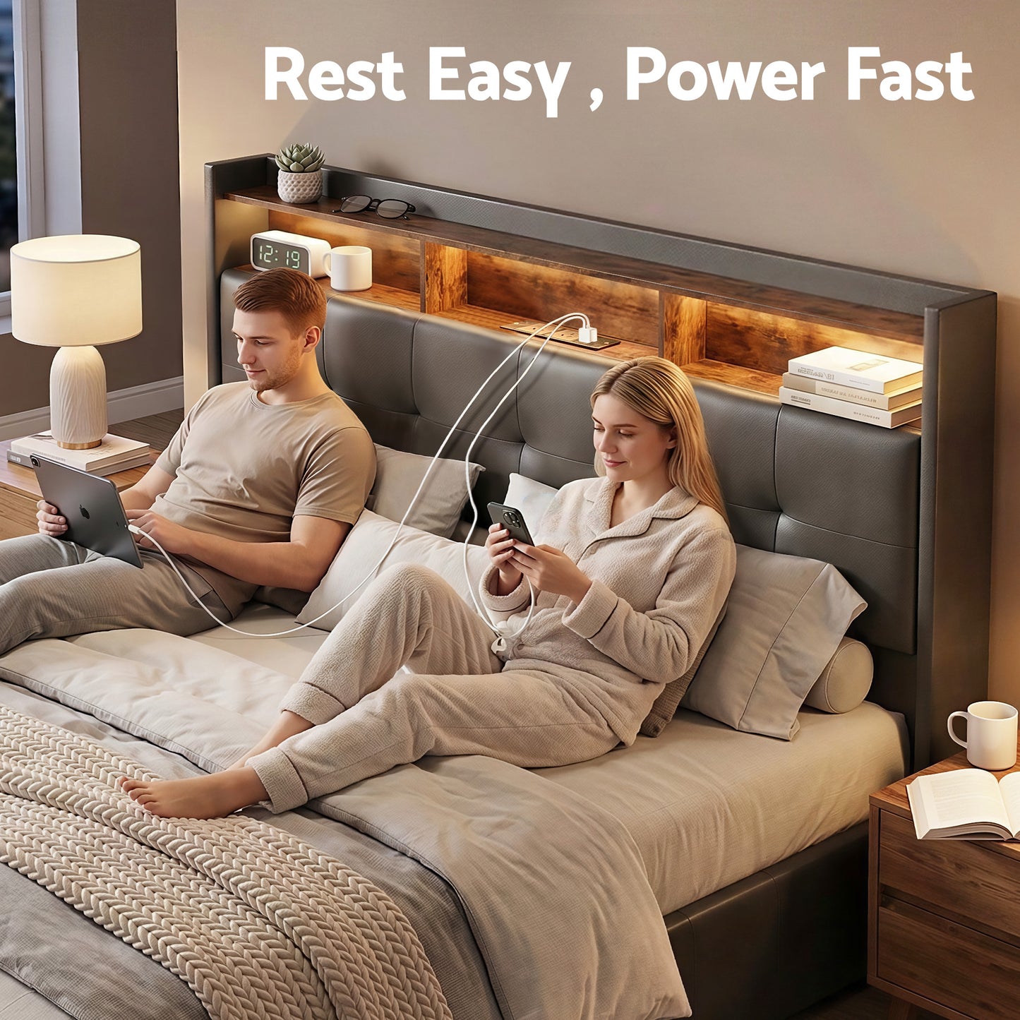 Artiss Double Bed Frame with Gas Lift Storage LED Lights Charging Station Headboard with Open Shelf - Image 4