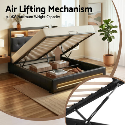 Artiss Double Bed Frame with Gas Lift Storage LED Lights Charging Station Headboard with Open Shelf - Image 5