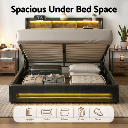 Artiss Double Bed Frame with Gas Lift Storage LED Lights Charging Station Headboard with Open Shelf - Image 6