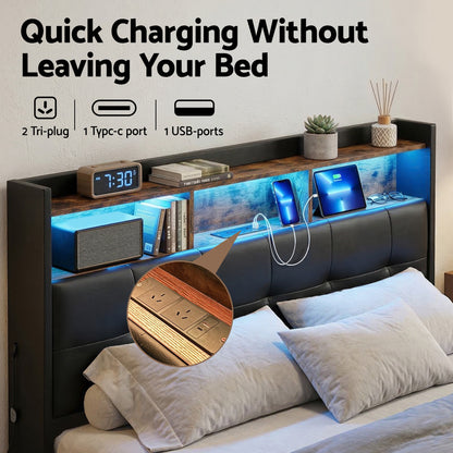 Artiss Double Bed Frame with Gas Lift Storage LED Lights Charging Station Headboard with Open Shelf - Image 7