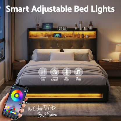 Artiss Double Bed Frame with Gas Lift Storage LED Lights Charging Station Headboard with Open Shelf - Image 8