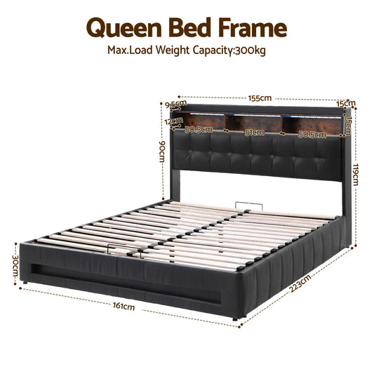 Artiss Queen Bed Frame with Gas Lift Storage LED Lights Charging Station Headboard with Open Shelf - Image 2