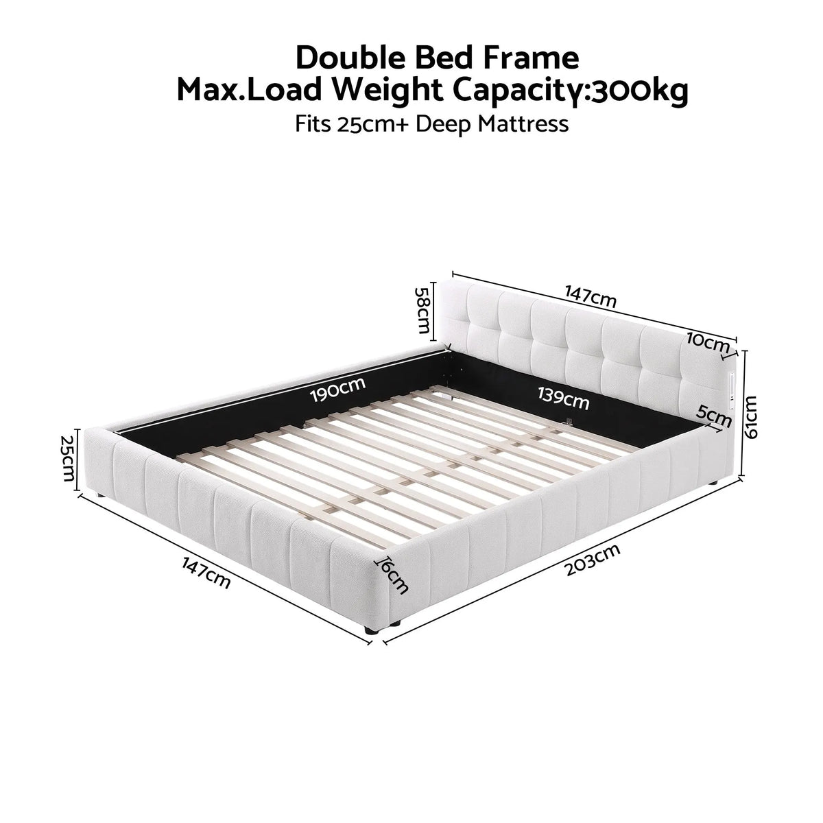 Artiss Double Bed Frame with Charging, LED Lights & Tufted Headboard - Image 3