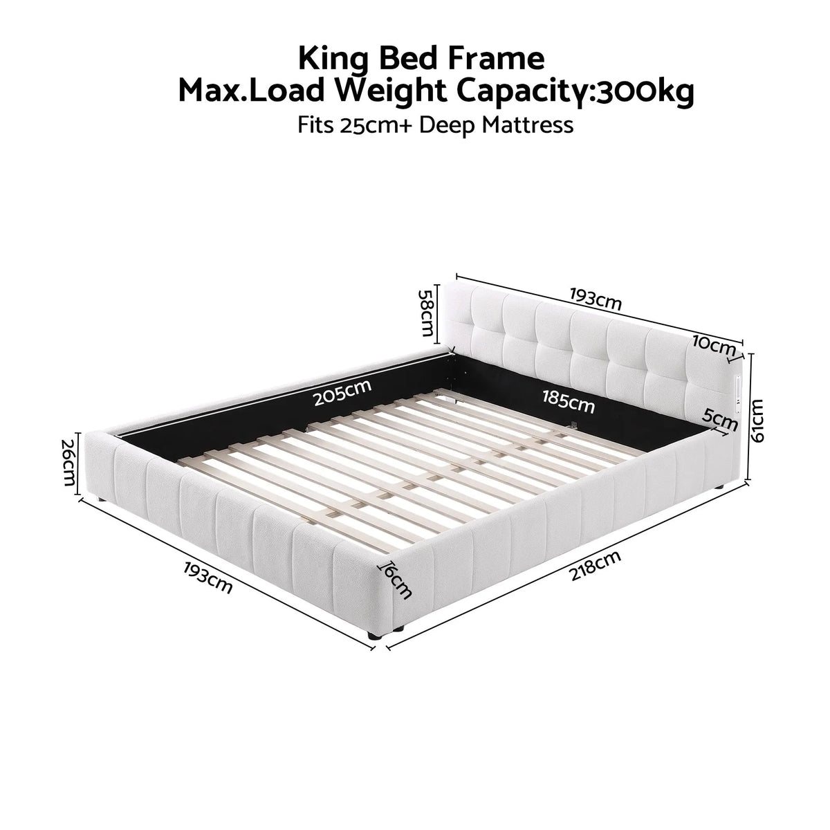 Artiss King Bed Frame with Charging, LED Lights & Tufted Headboard - Image 3