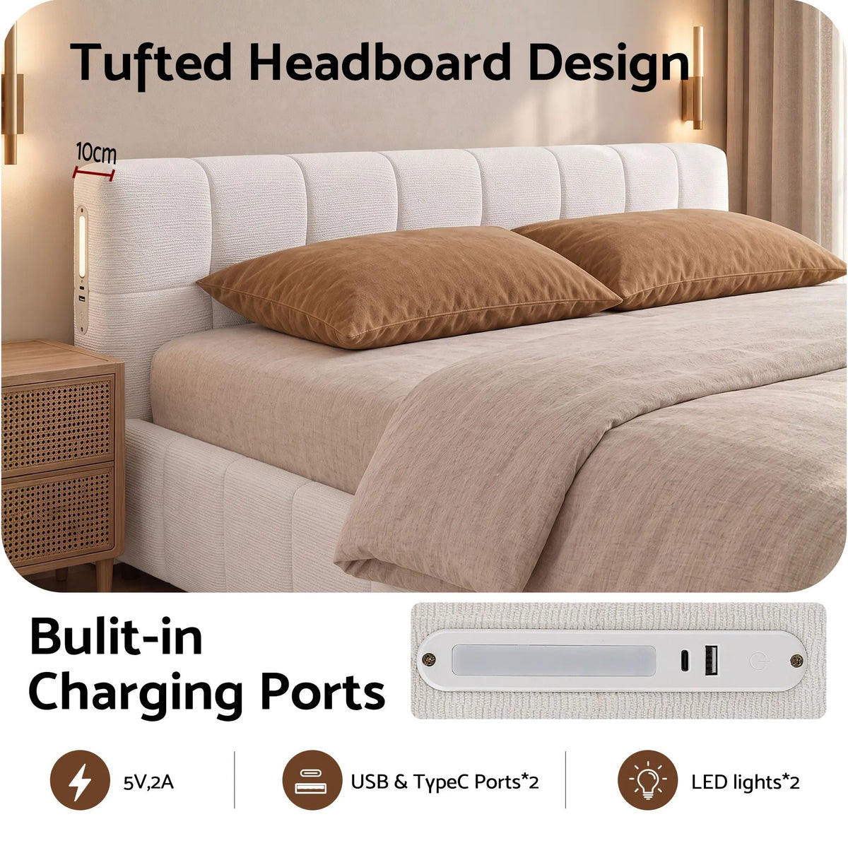 Artiss Queen Bed Frame with Charging, LED Lights & Tufted Headboard - Image 6