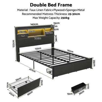 Artiss Double Bed Frame with 2 Storage Drawers & Headboard, USB Charging Station, RGB LED Light - Image 3