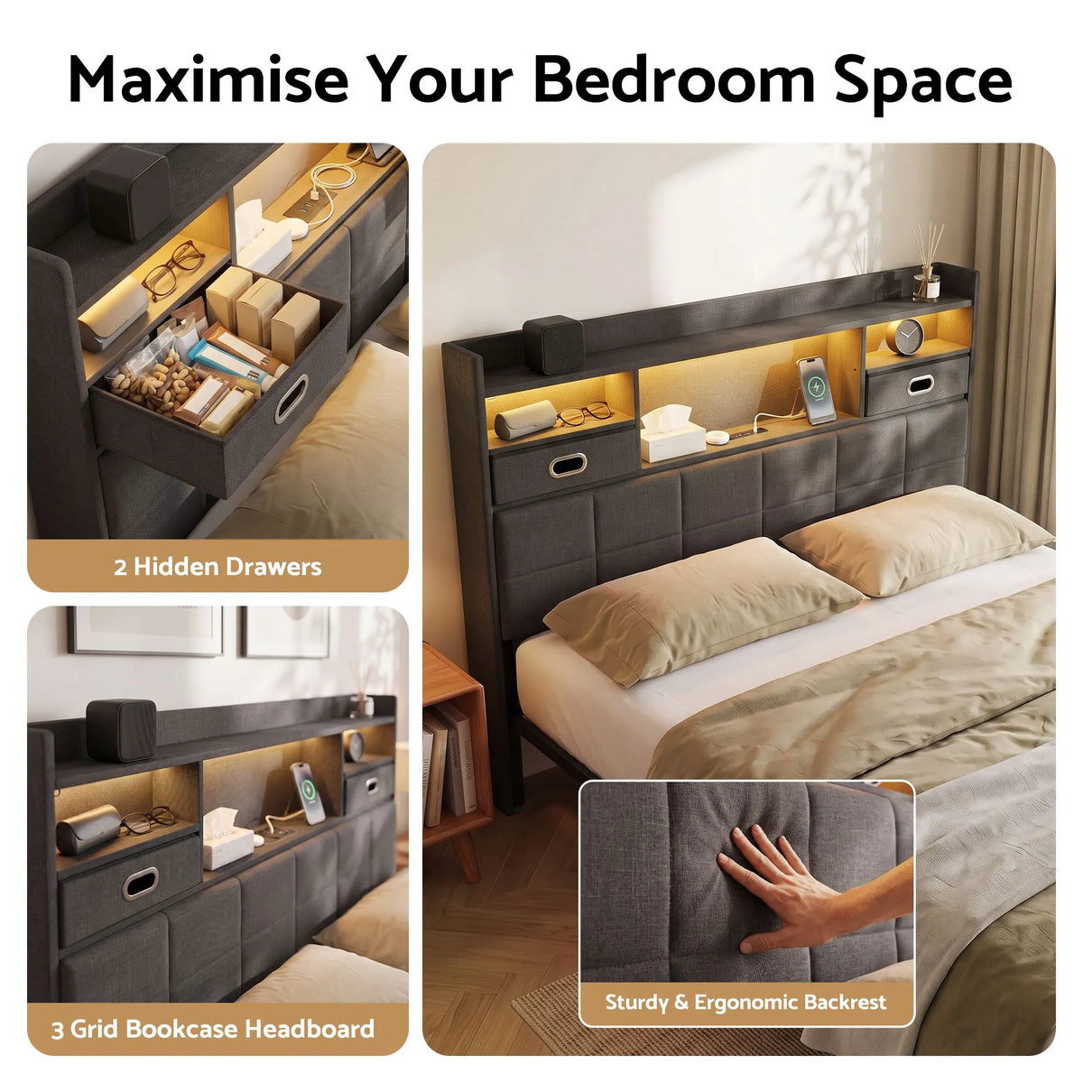 Artiss Double Bed Frame with 2 Storage Drawers & Headboard, USB Charging Station, RGB LED Light - Image 5