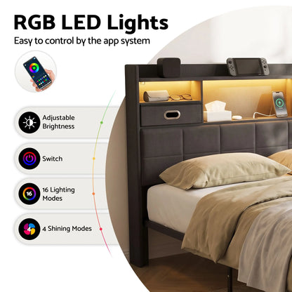 Artiss Double Bed Frame with 2 Storage Drawers & Headboard, USB Charging Station, RGB LED Light - Image 8