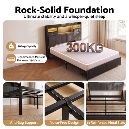 Artiss Double Bed Frame with 2 Storage Drawers & Headboard, USB Charging Station, RGB LED Light - Image 9