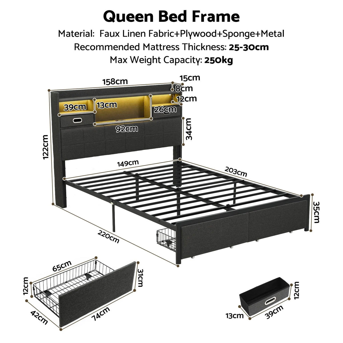 Artiss Queen Bed Frame with Storage Drawers & Headboard, 2 Drawer, USB, LED - Image 3