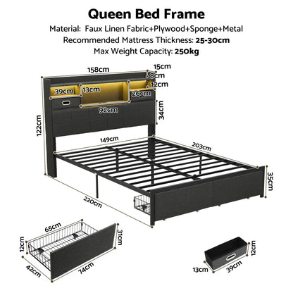 Artiss Queen Bed Frame with Storage Drawers & Headboard, 2 Drawer, USB, LED - Image 3