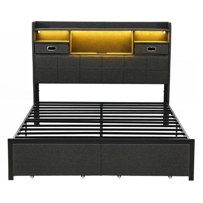 Artiss Queen Bed Frame with Storage Drawers & Headboard, 2 Drawer, USB, LED - Image 4