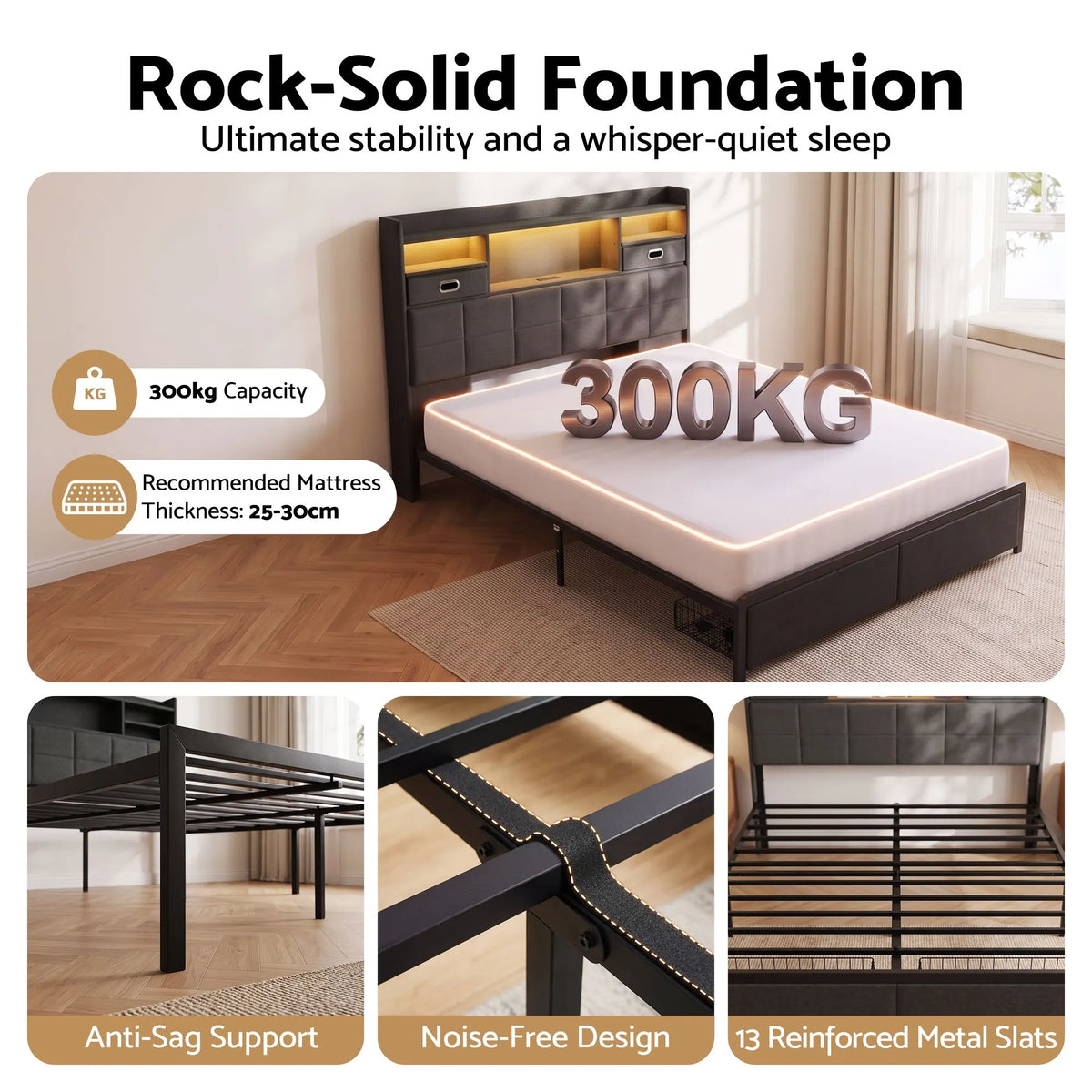 Artiss Queen Bed Frame with Storage Drawers & Headboard, 2 Drawer, USB, LED - Image 9