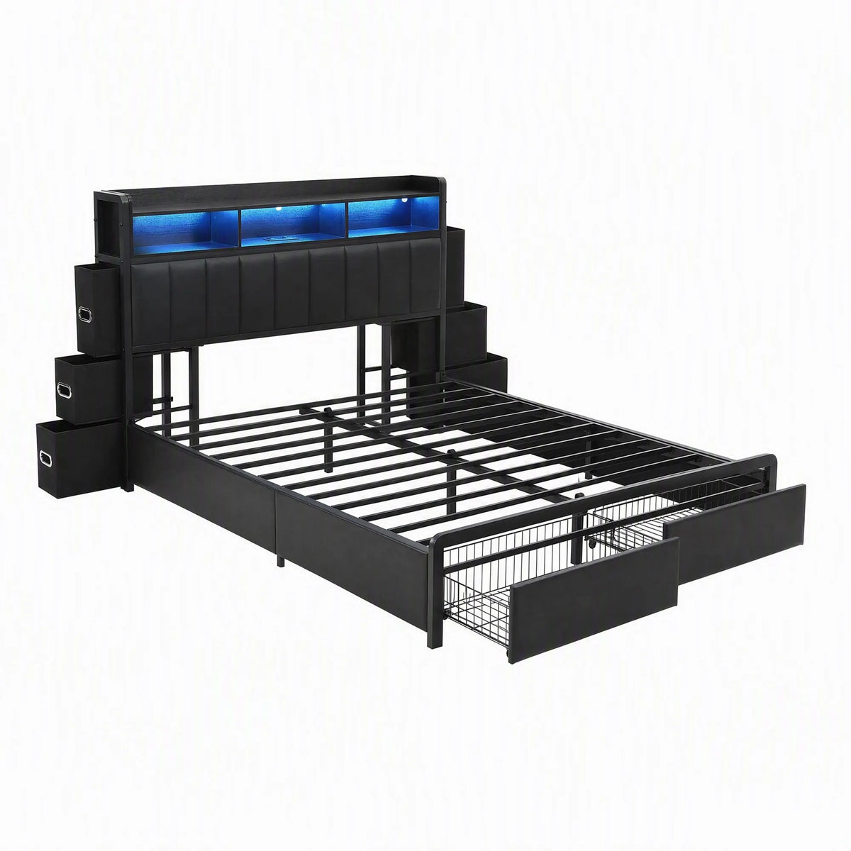 Artiss Double Bed Frame with Storage Headboard, 2 Drawers, Charging Station LED Light - Image 2